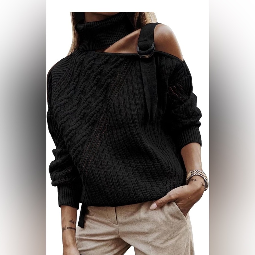 NEW Zecilbo Long Sleeve Pullover Cold Shoulder Turtleneck Knit Sweater Size XL